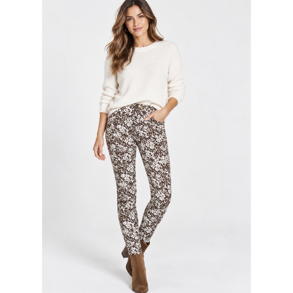 MICHAEL KORS Brown White Print Pants Sz 6 Ankle Crop Slim Skinny Mid Rise Office